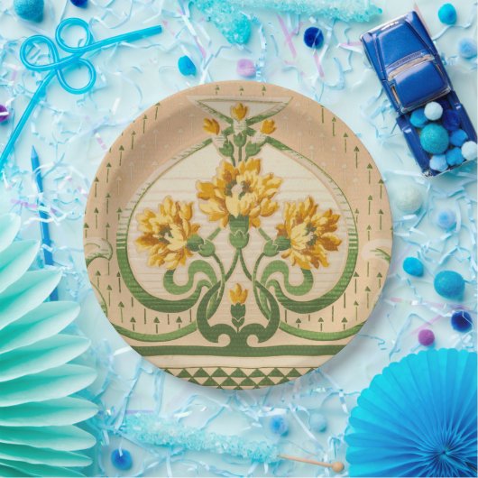 Art Nouveau Yellow Blumen Bouquets Medallion Pappteller (Party)
