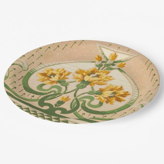 Art Nouveau Yellow Blumen Bouquets Medallion Pappteller (Schrägansicht)