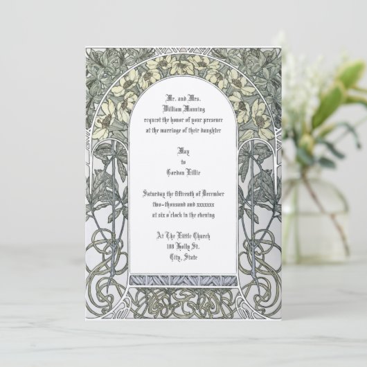 Art Nouveau Yellow Floral Border by Alphonse Mucha Einladung (Stehend Vorderseite)