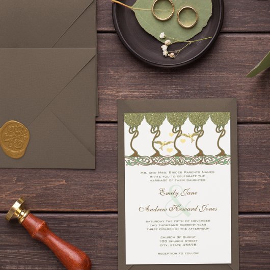 Art Nouveau Yellow Vintag Love Birds Wedding Einladung