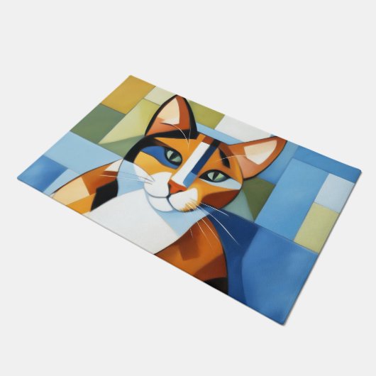 Art Painting Cubist Calico Cat Fußmatte (Schrägansicht)
