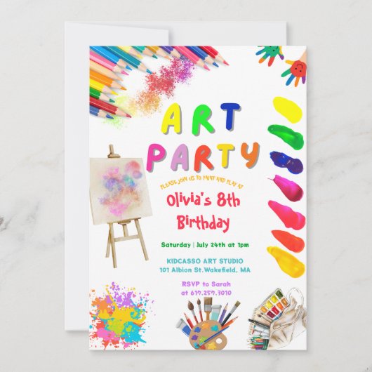 Art Party Birthday Colorful Rainbow Paint Einladung (Vorderseite)