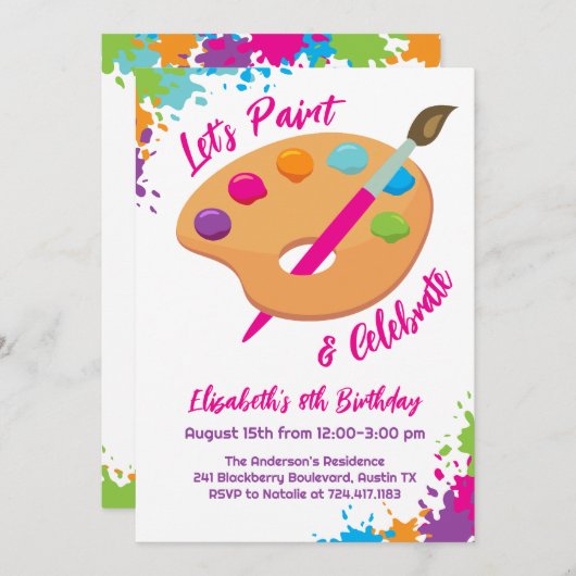 Art Party Craft Painting Girly Birthday Party Einladung (Vorne/Hinten)