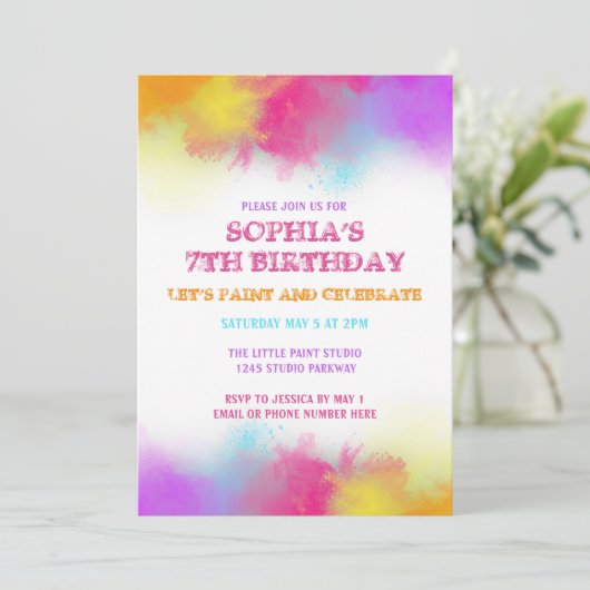 Art Party Paint Spritzer Rainbow Kinder Einladung (Stehend Vorderseite)
