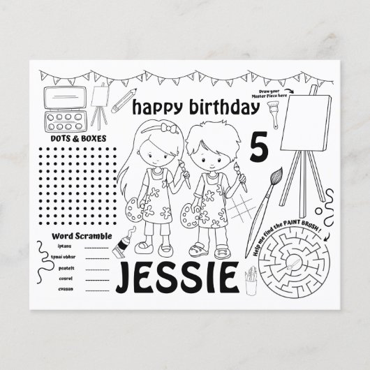 Art Party Tischsets, Kunstaktivitäten und Farbblät (Vorderseite)