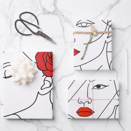 Art Portrait of Woman mit Rote Rose Geschenkpapier Set (Vorderseite)
