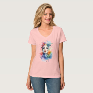 art print flowers female face with very colorful T-Shirt