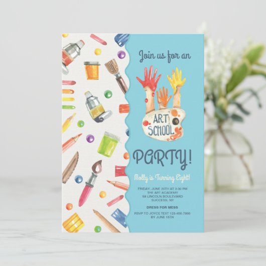 Art School Party Einladung (Stehend Vorderseite)