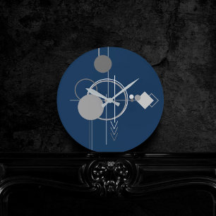 Art Tattoo Line   Abstrakt Navy Blue Charcoal Gran Runde Wanduhr