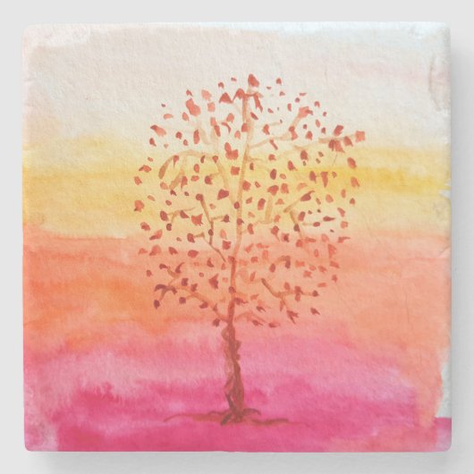 Art Tree Sunset Watercolor Handgemalt Steinuntersetzer (Vorderseite)