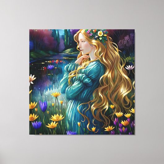 *~ Art Woman Wasserfall Teich Wilde Blume AP56 Leinwanddruck (Vorderseite)