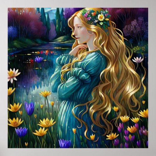 *~ Art Woman Wasserfall Teich Wilde Blume AP56 Poster (Vorne)