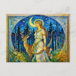 Artemis with Deer and Bow in a Starry Forest Night Postkarte