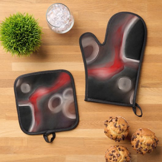 Arterielle Motive: Abstrakt Schwarz, Weiß und Rot Ofenhandschuh & Topflappen-Set (Oben Unten)