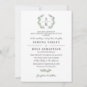 Artichoke Green Laurel Wreath Monogram Wedding Einladung (Vorderseite)