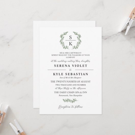 Artichoke Green Laurel Wreath Monogram Wedding Einladung (Vorderseite/Rückseite Beispiel)