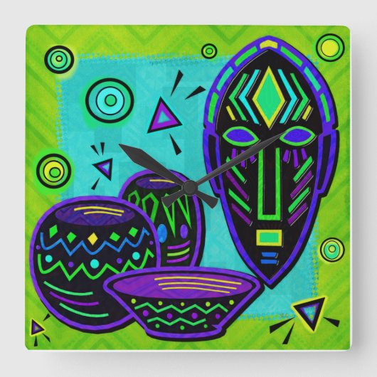 Artifakt African Pop Art Quadratische Wanduhr (Vorderseite)