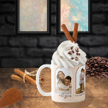 Artikel 4 Foto Blush | Terracotta Couple   Name C Kaffeetasse<br><div class="desc">Dieses Paar hat vier gewölbte Foto mit verflochtenen,  weißen und terracotta hintersten Rahmen auf einem rot-rosa Hintergrund. Der Raum wurde unten für die Namen der Paare im Skripttext entworfen.</div>
