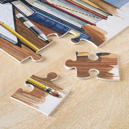 Artikel auf dem Schreibtisch eines Lehrers Farbe Puzzle (Seite)