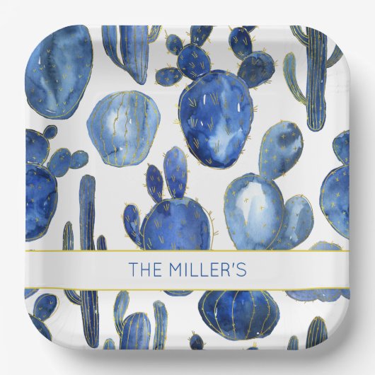 Artisan Blue Gold Cactus Desert NAME Wasserfarben Pappteller (Vorderseite)