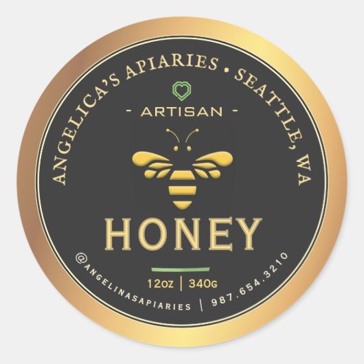 Artisan Honey Label mit Bee & Heart Gold Gradient Runder Aufkleber (Vorderseite)