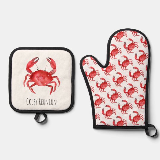 Artisan Red Crab Wiedersehen NAME Coastal Fun Ofenhandschuh & Topflappen-Set (Vorderseite)