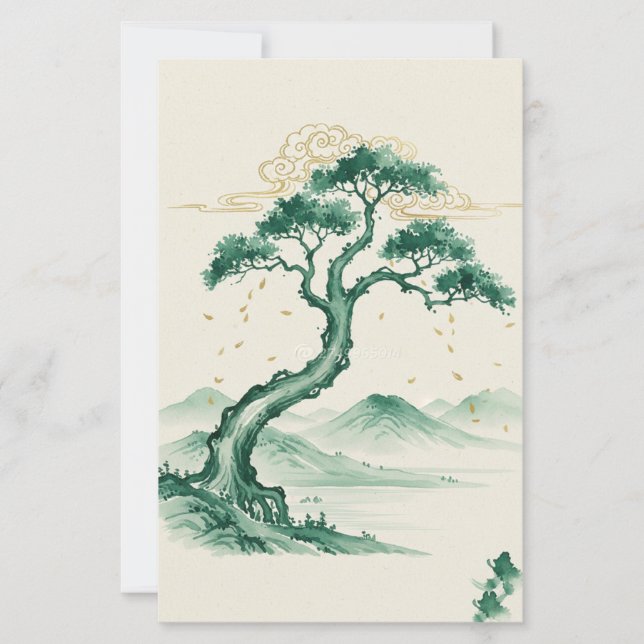 Artisan Sumi-e Ink Wash Green & Gold Art (Vorderseite)