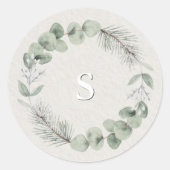 Artisan Winter Botanical Monogram Initial Elfenbei Runder Aufkleber (Vorderseite)