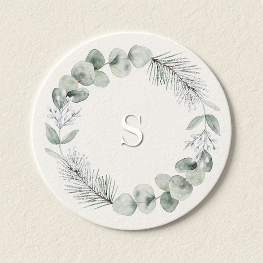 Artisan Winter Botanical Monogram Initial Elfenbei Runder Aufkleber