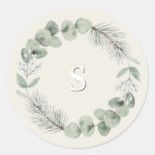 Artisan Winter Botanical Monogramm Initial Elfenbe Runder Aufkleber (Vorderseite)