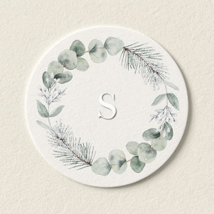 Artisan Winter Botanical Monogramm Initial Elfenbe Runder Aufkleber