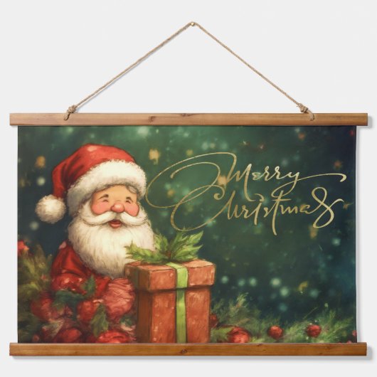 Artisitc Santa Illustration Weihnachten Rotes Grün Wandteppich Mit Holzrahmen (Vorne)