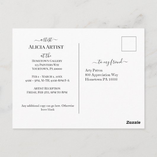 ARTIST GALLERY ZEIGT ANKÜNDIGUNGSPOSTCARD POSTKARTE (Rückseite)