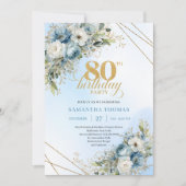 Artistic 80th Birthday Invite Dusty Blue Flowers   Einladung (Vorderseite)