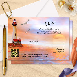 Artistic Beach Lighthouse Wedding RSVP Card Karte