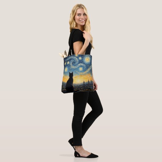 Artistic Black Cat & Celestial Town Reusable Tasche (Am Model)
