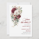 Artistic Boho Burgundy White Save the Date Card Einladung (Vorderseite)