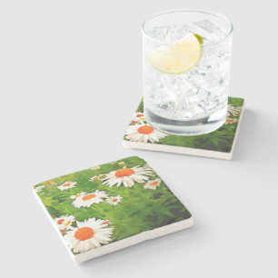 Artistic Bright Colorful White Garden Daisies v4b Steinuntersetzer