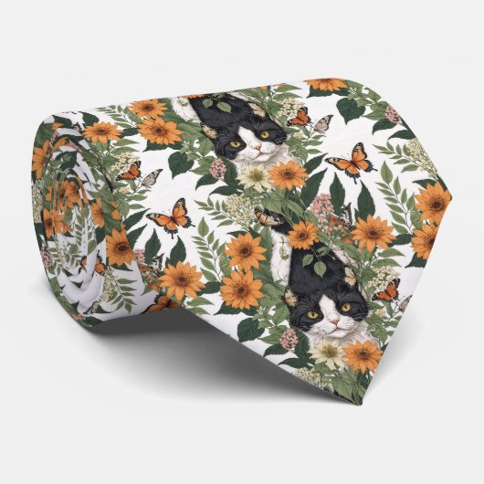 Artistic Cat, Butterflies, Flowers Floral Pattern Krawatte (Gerollt)