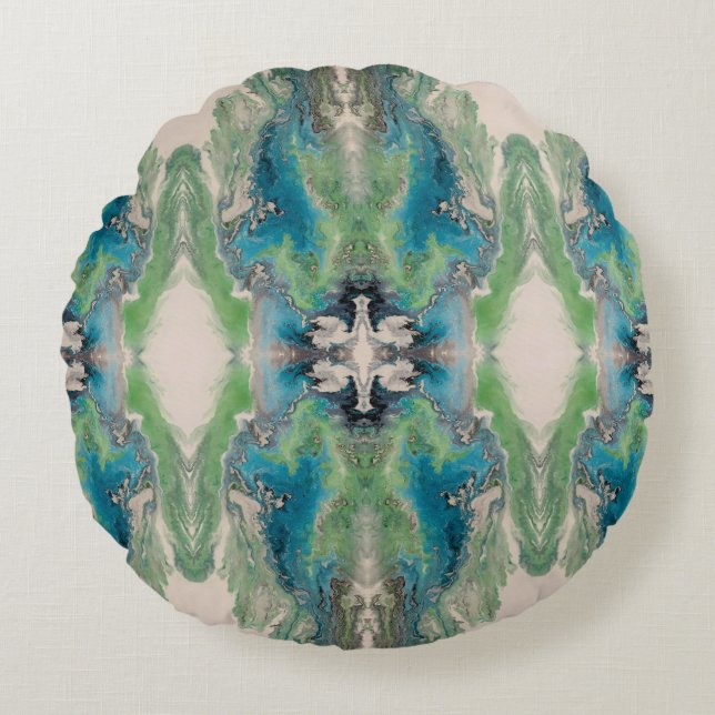 Artistic Fluid Abstract in Aqua & Green Rundes Kissen (Vorderseite)
