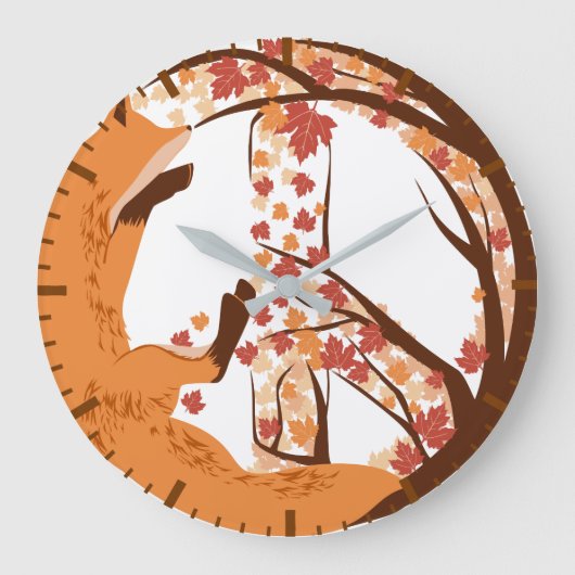Artistic Fox Peace Sign Autumn Leaves Tree Poster Große Wanduhr (Vorderseite)