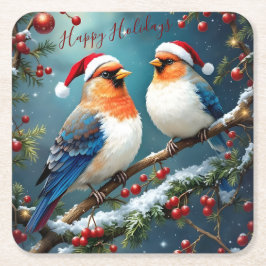 Artistic Holiday Christmas Birds With Santa Hats Rechteckiger Pappuntersetzer