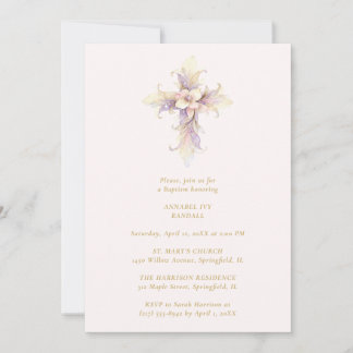 Artistic Lilac Floral Christian Cross Baptism Einladung