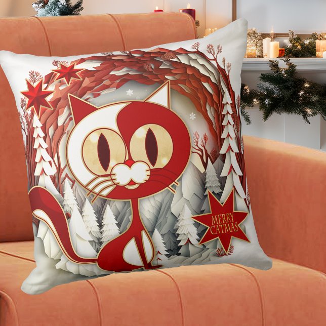 Artistic Merry Catmas Kitty Christmas Pillow Kissen (A whimsical Christmas pillow featuring a cute kitty on a Christmas wreath with festive red stars)