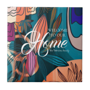 Artistic Orange Pink Navy Botanical Blätter Willko Fliese