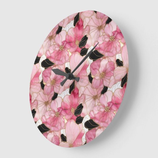 Artistic Pink Blooms Black Ink Abstract Große Wanduhr (Winkel)