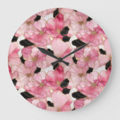 Artistic Pink Blooms Black Ink Abstract Große Wanduhr (Vorderseite)