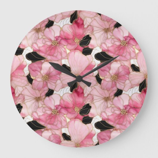 Artistic Pink Blooms Black Ink Abstract Große Wanduhr (Vorderseite)