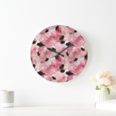 Artistic Pink Blooms Black Ink Abstract Große Wanduhr (Zuhause)