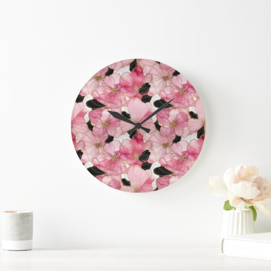 Artistic Pink Blooms Black Ink Abstract Große Wanduhr (Zuhause)